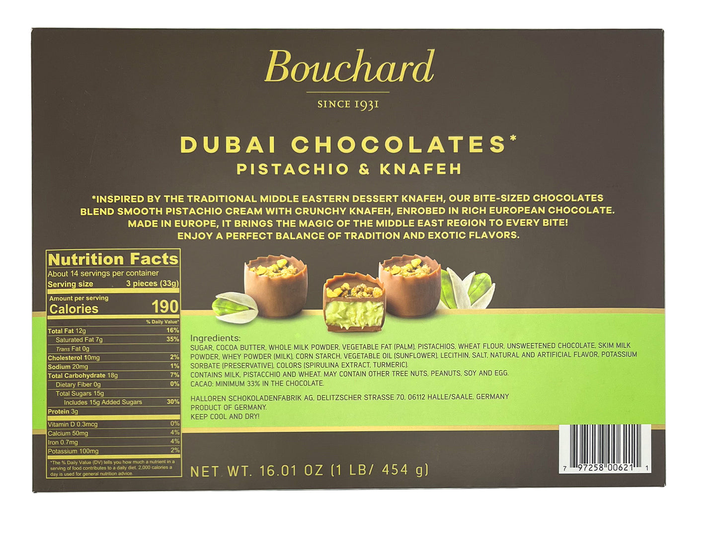 Bouchard Dubai Chocolates nutritional facts backside of package