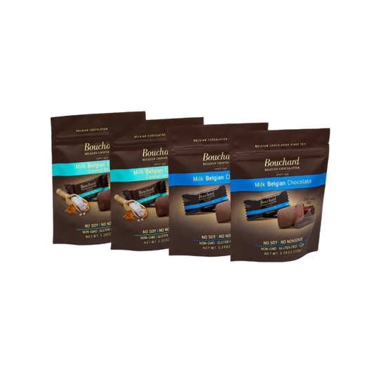 Bouchard 4 pack of milk Belgian chocolate, and milk Belgian chocolate with caramel sea salt