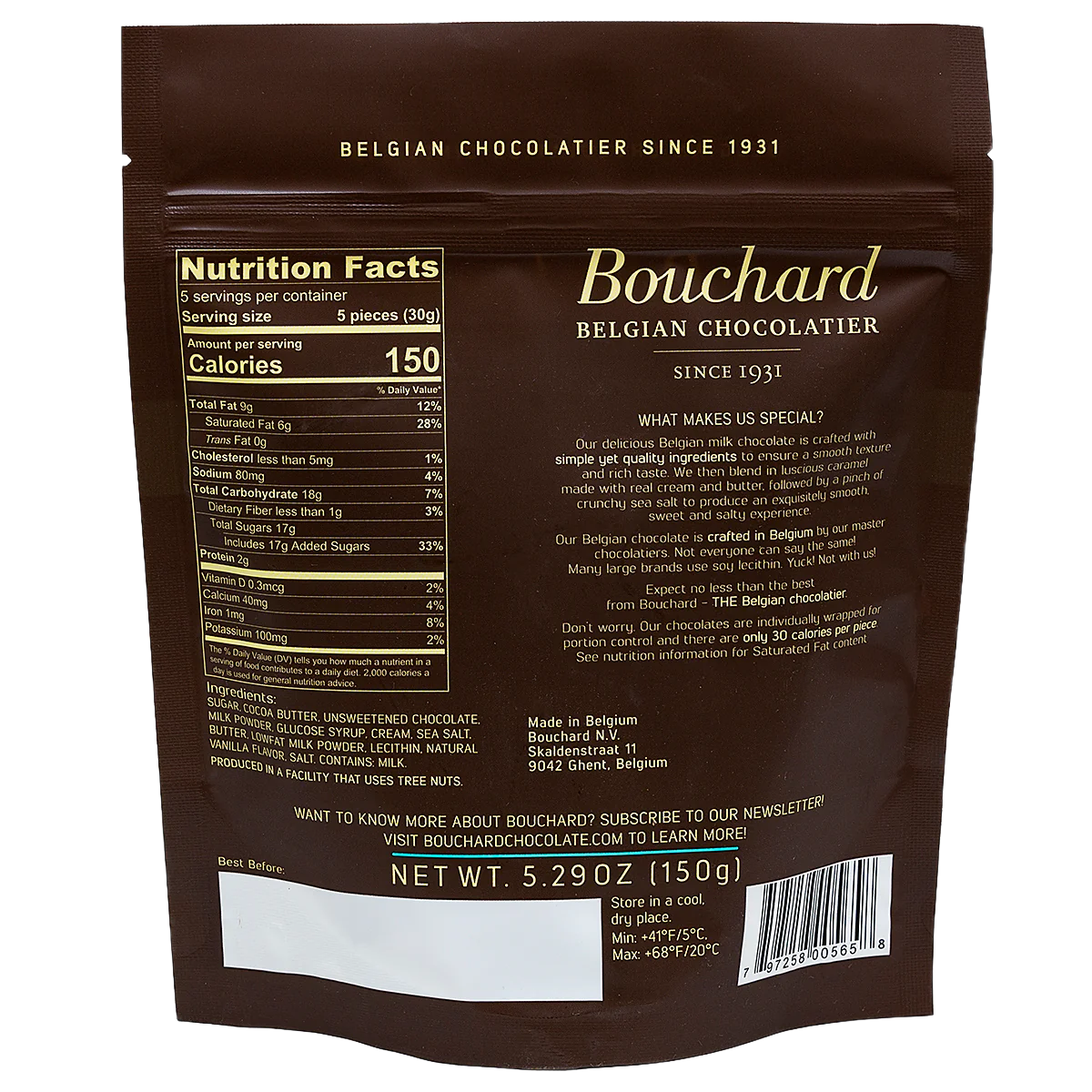 Bouchard Belgian milk chocolate with caramel sea salt 150g - Back of bag - Belgian Chocolate
