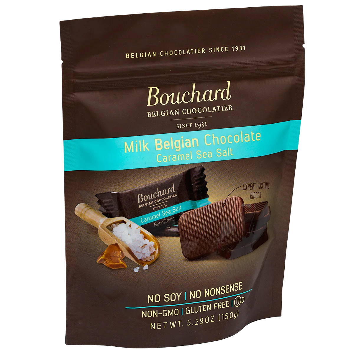 Bouchard Belgian milk chocolate with caramel sea salt 150g - Angled view of bag - Belgian Chocolate