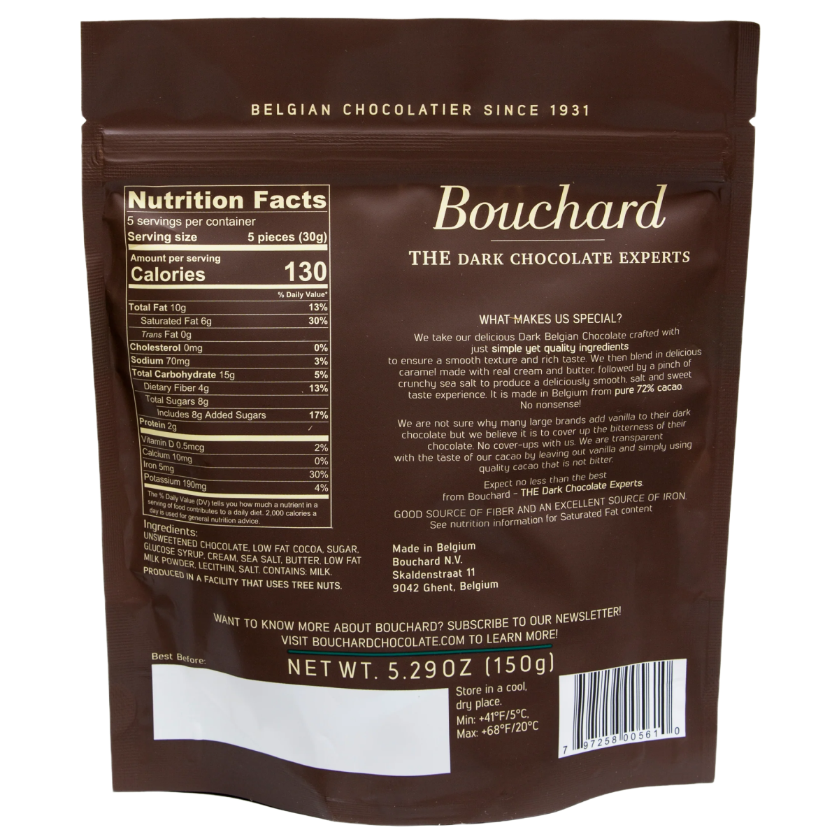 Bouchard Belgian dark chocolate 72% with caramel sea salt 150g - Back of bag - Belgian Chocolate