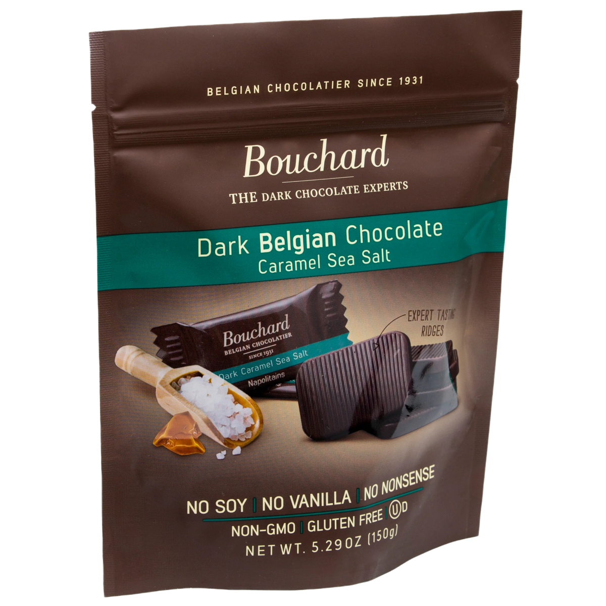 Bouchard Belgian dark chocolate 72% with caramel sea salt 150g - Angled view of bag - Belgian Chocolate