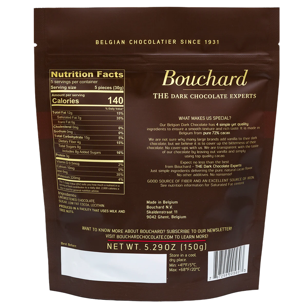 Bouchard Belgian dark chocolate 72% 150g - Back side of bag - Belgian Chocolate