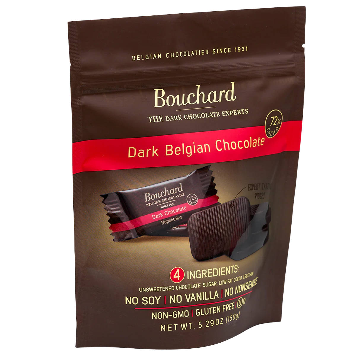 Bouchard Belgian dark chocolate 72% 150g - Angled view of bag - Belgian Chocolate