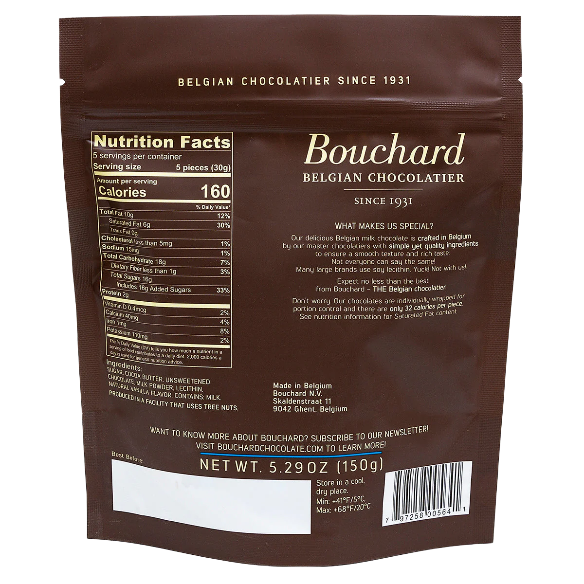 Bouchard Belgian milk chocolate 150g - Back of bag - Belgian Chocolate