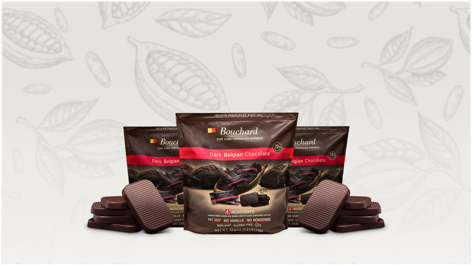 bouchard bags on background of cacao pods