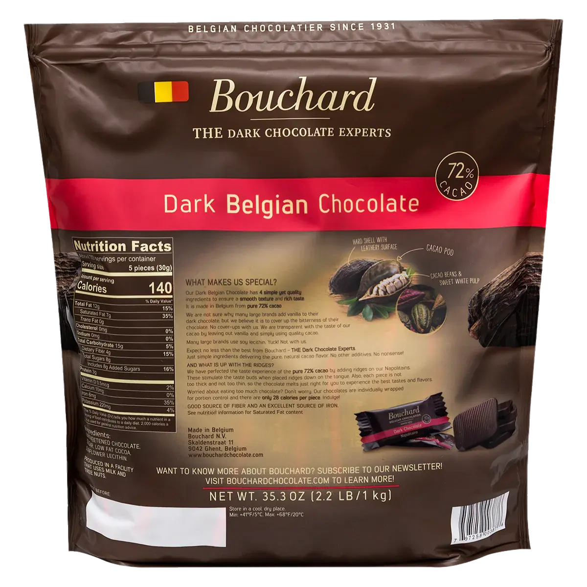Bouchard Belgian dark chocolate 72% 1KG - Back side of bag - Belgian Chocolate