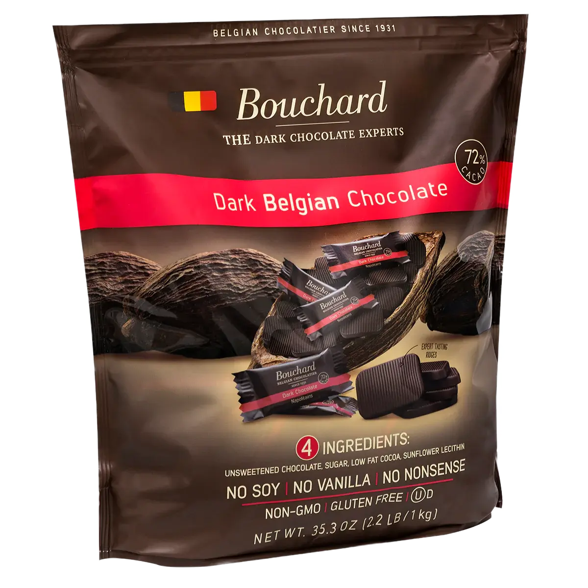 Bouchard Belgian dark chocolate 72% 1KG - angled bag - Belgian chocolate
