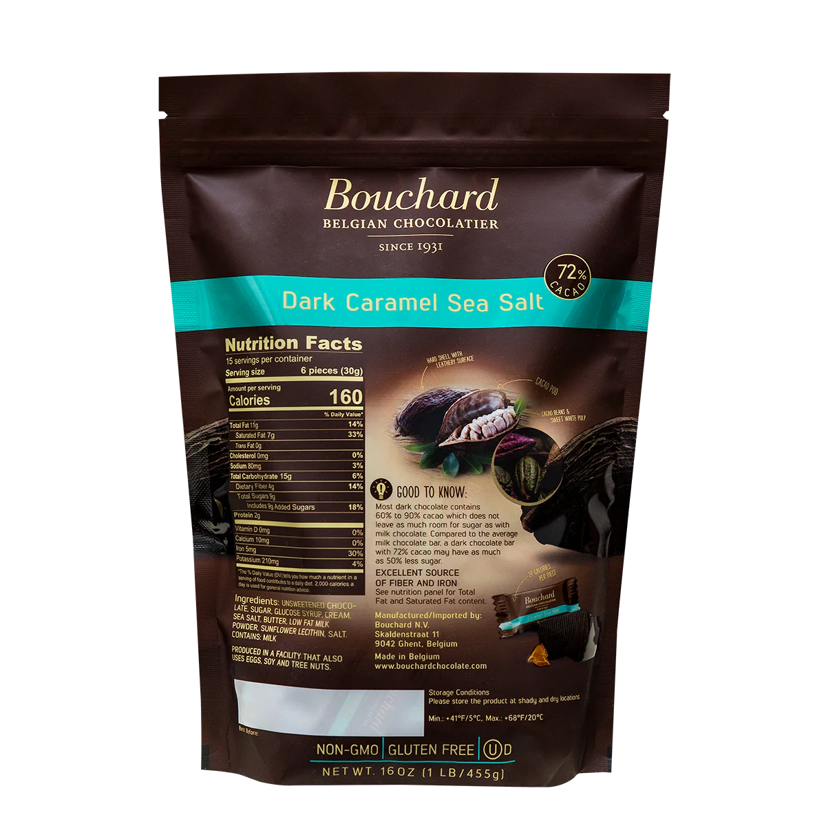 Back of Bouchard Milk Belgian Chocolate with Carmel Sea Salt (16oz)