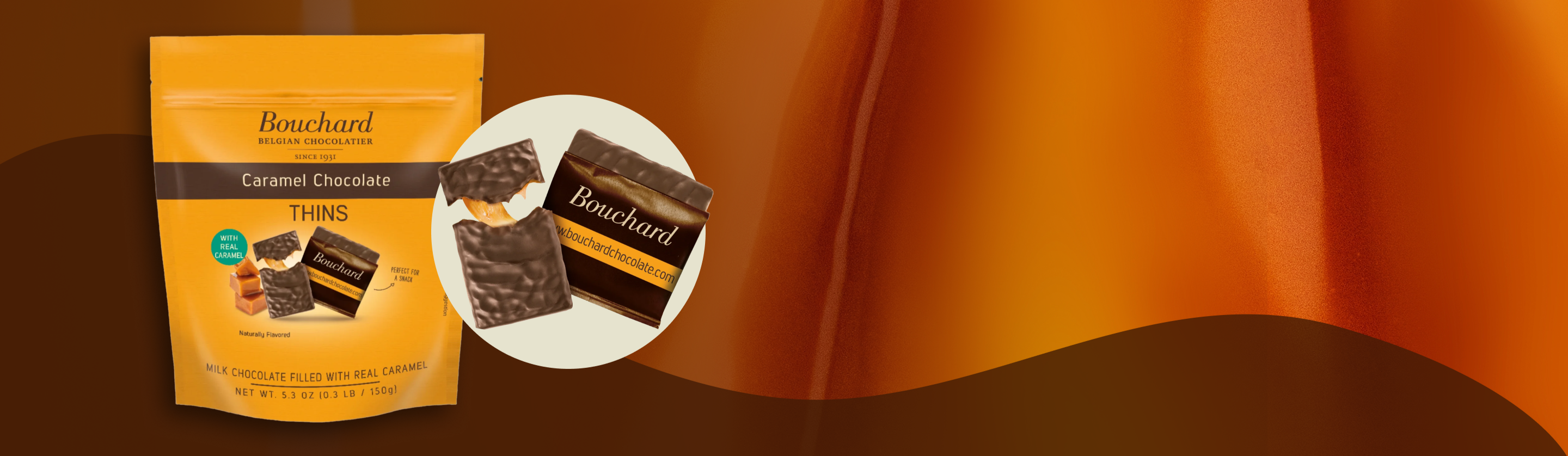 Bouchard Caramel Chocolate Thins banner image with caramel vector