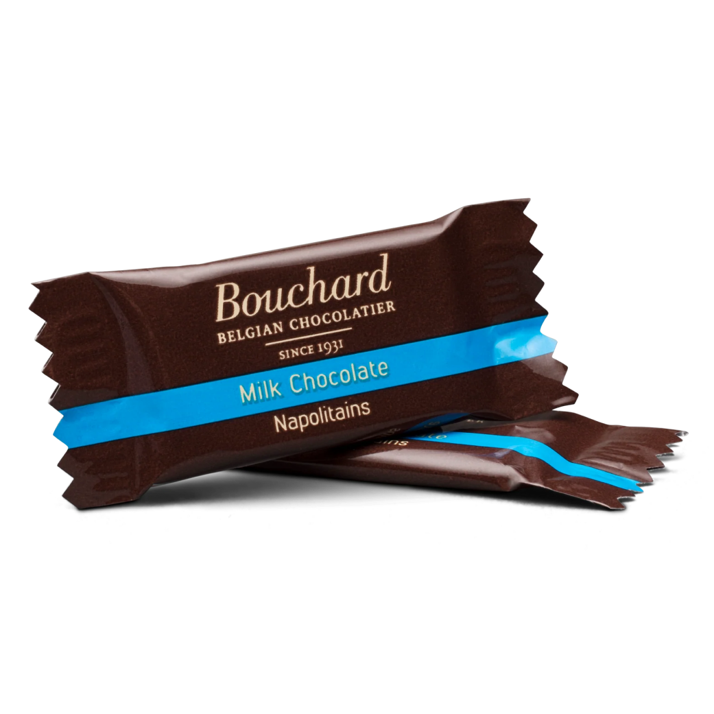 Bouchard Milk Chocolate Neapolitans up-close photo with wrapper - Belgian Chocolate