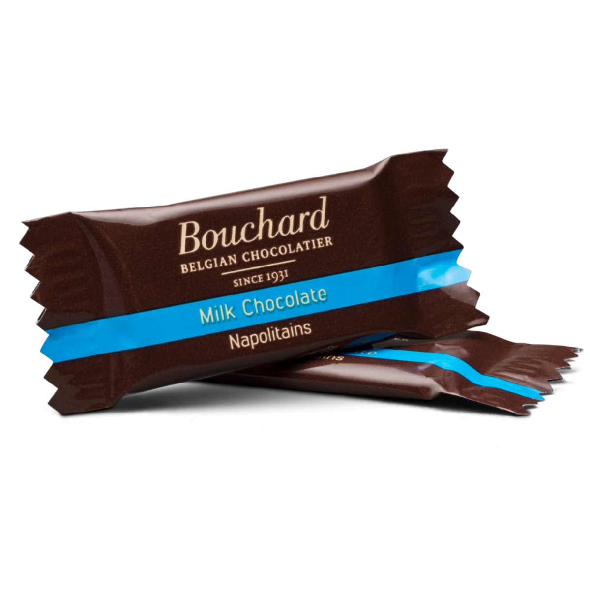 Bouchard Milk Chocolate Neapolitans up-close photo with wrapper - Belgian Chocolate