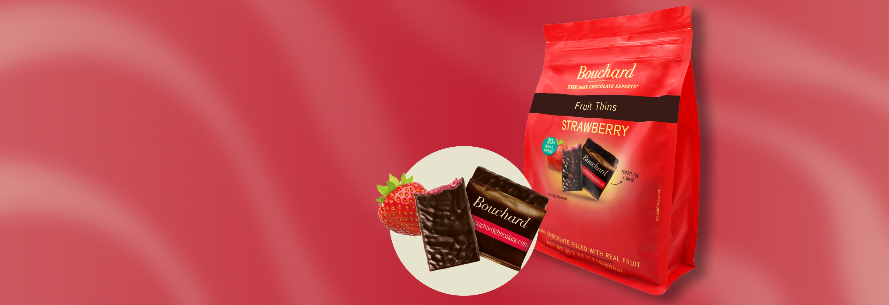 Bouchard fruit thins strawberry banner image with pink vector background
