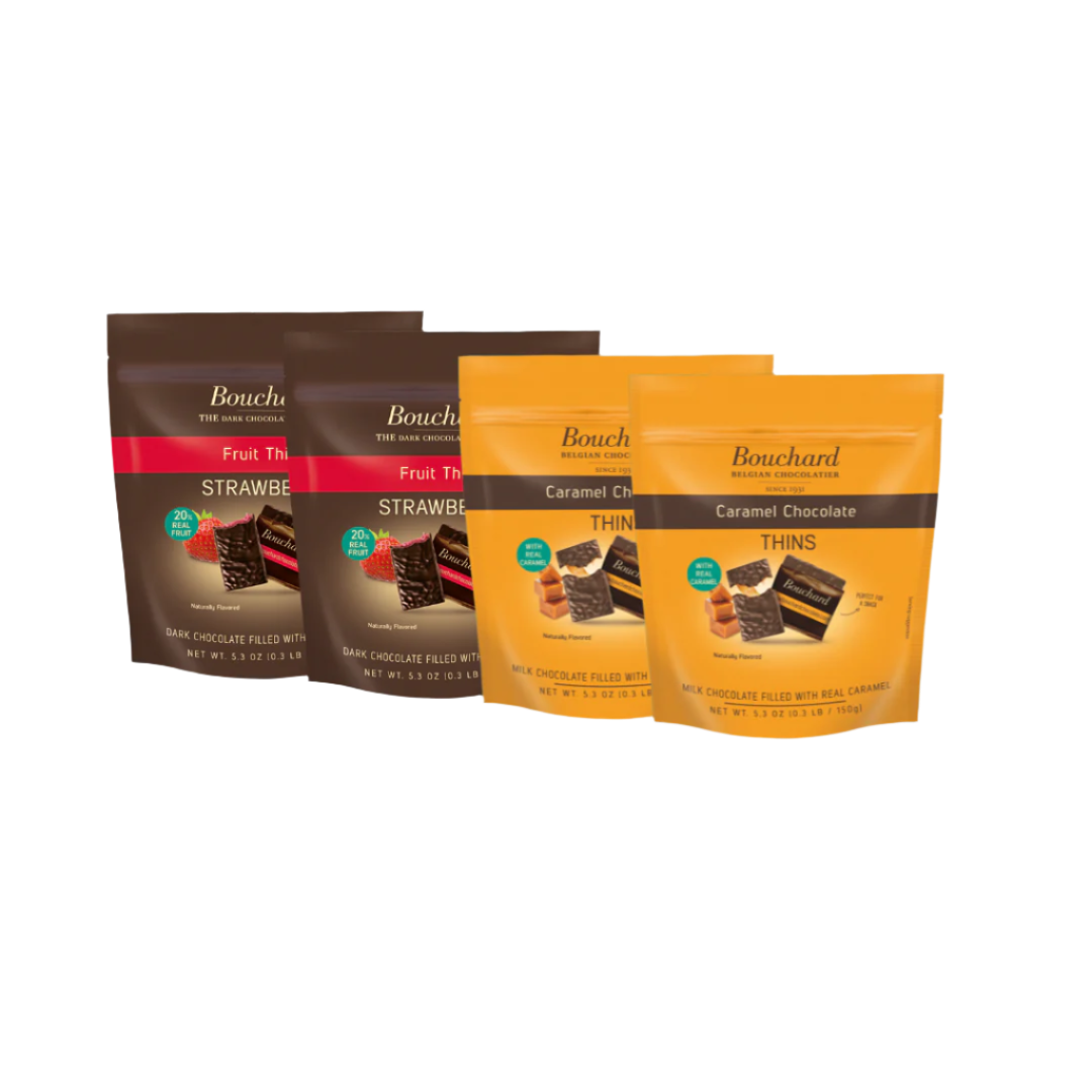 Multi-pack Bouchard Dark Chocolate Fruit Thins Strawberry (5.3oz) and Bouchard Dark Chocolate Caramel Thins (5.3oz)