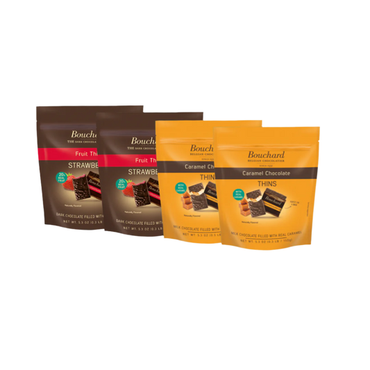 Multi-pack Bouchard Dark Chocolate Fruit Thins Strawberry (5.3oz) and Bouchard Dark Chocolate Caramel Thins (5.3oz)