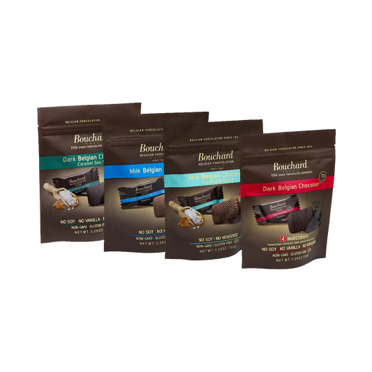 Bouchard Variety Bags, Dark Belgian Chocolate with Carmel Sea Salt, Milk Belgian Chocolate, Milk Belgian Chocolate with Carmel Sea Salt, Dark Belgian Chocolate