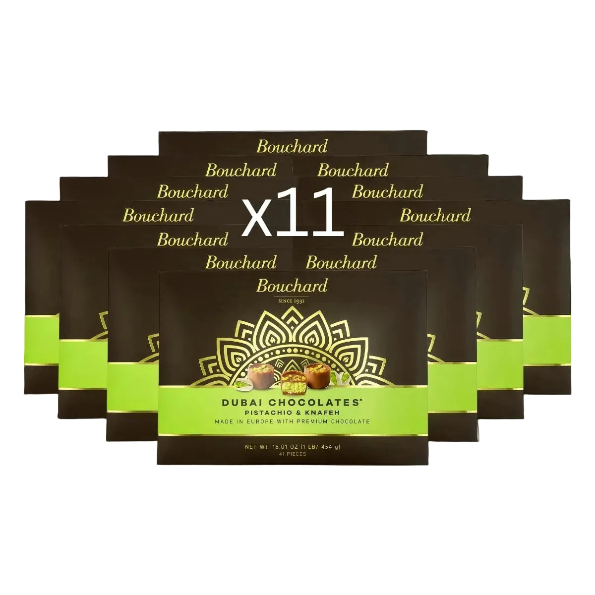 Multiple packages of Bouchard Dubai Chocolates with a green and brown design.