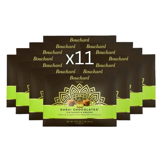 Multiple packages of Bouchard Dubai Chocolates with a green and brown design.