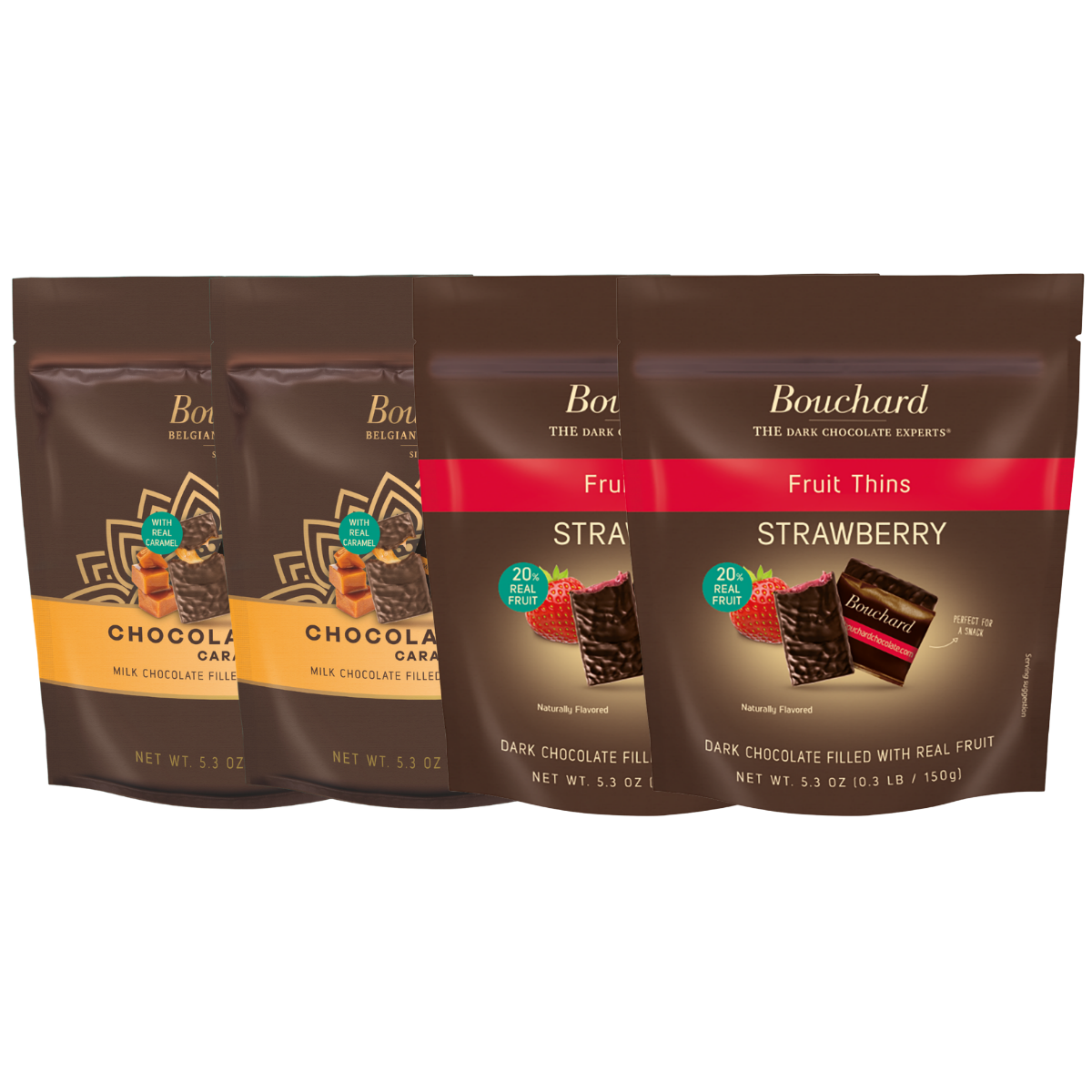 Bouchard Chocolate Thins Combo Pack - Caramel & Strawberry- 5.3 OZ (.3 LB/150g) (4 Pack)