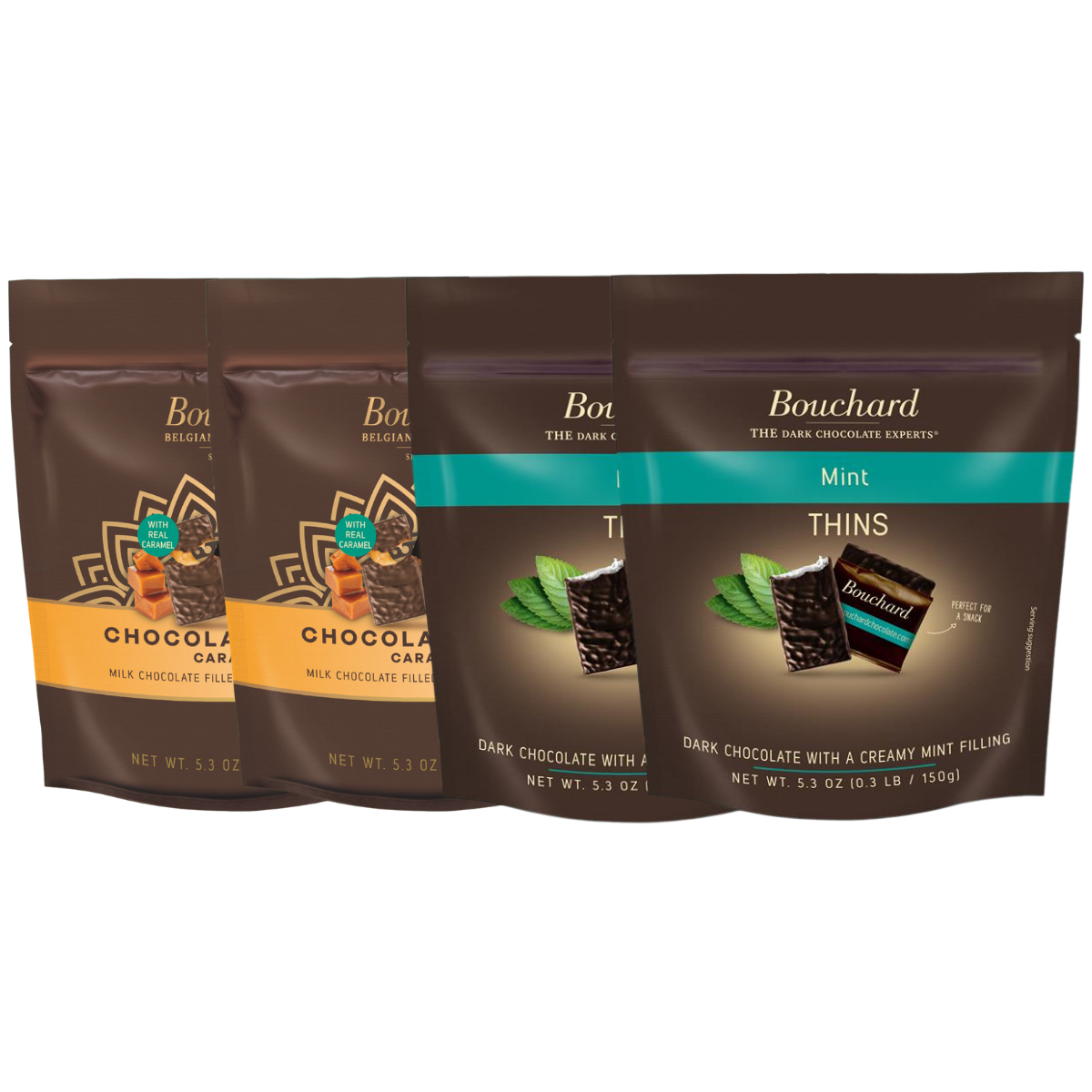 Bouchard Chocolate Thins Combo Pack - Caramel & Mint - 5.3 OZ (.3 LB/150g) (4 Pack)
